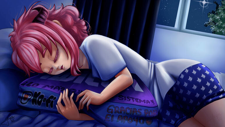 Final de Stream Yinyue Pines durmiendo después del extensible abrazando una almohada con los logos de twitch y ko-fi teniendo una estrella de fondo brillando fuertemente