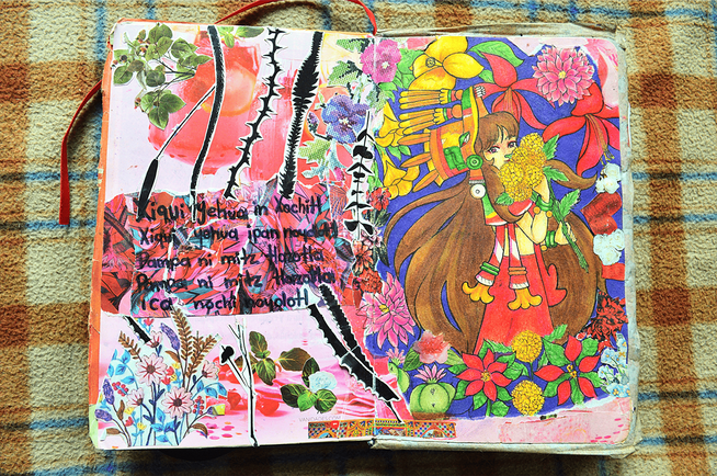 Xochitlquetzalli: Ofrenda de papel y color Arte tradicional tecnica mixta lapiz de colores marcadores y collage de recortes de revista con tema de la diosa Xochitlquetzalli