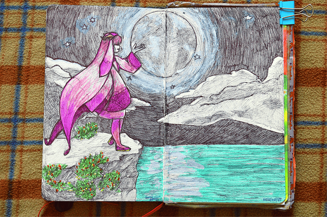 Arte tradicional tecnica lapiz y marcadores de la monja vtuber yinyue pines con fondo de luna llena grande y un mar inmenso