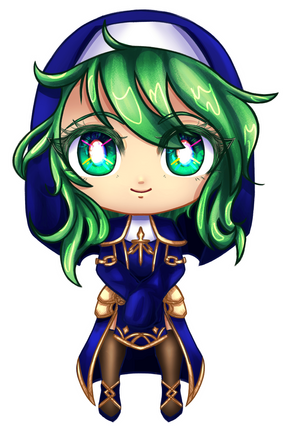 OC Zeltali Monja PNGtuber creada para un streamer de la plataforma de kick el personaje es de pelo verde con traje azul blanco y dorado