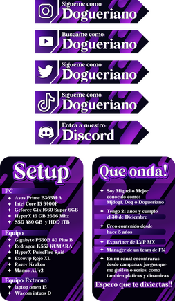 Paneles para Dogueriano Paneles para la plataforma de Twitch del streamer Dogueriano, con sus redes sociales, set up y preguntas con sus respuestas, de color morado, negro, blanco con sombras de color azul oscuro