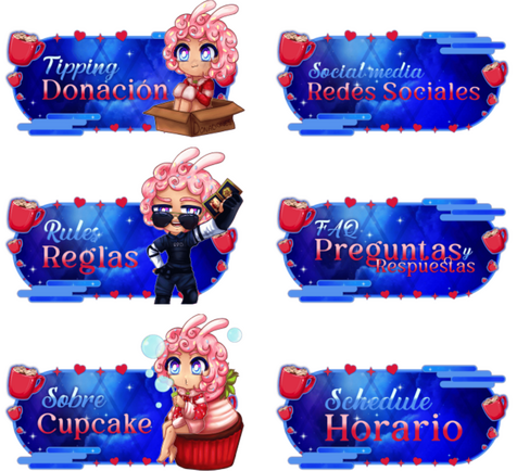 Paneles para la plataforma de twitch del pngtuber cupcake, paneles de color azul profundo y oscuro con detalles en rojo como una taza con chocolate